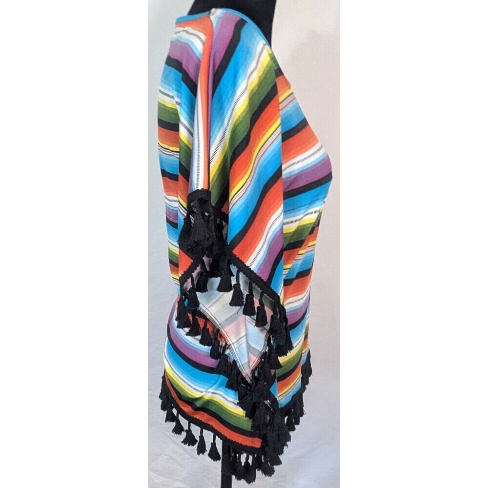 Southern Stitch Women's Medium Serape Stripe Poncho Blouse Tassel Fringe V-Neck - Picture 4 of 9
